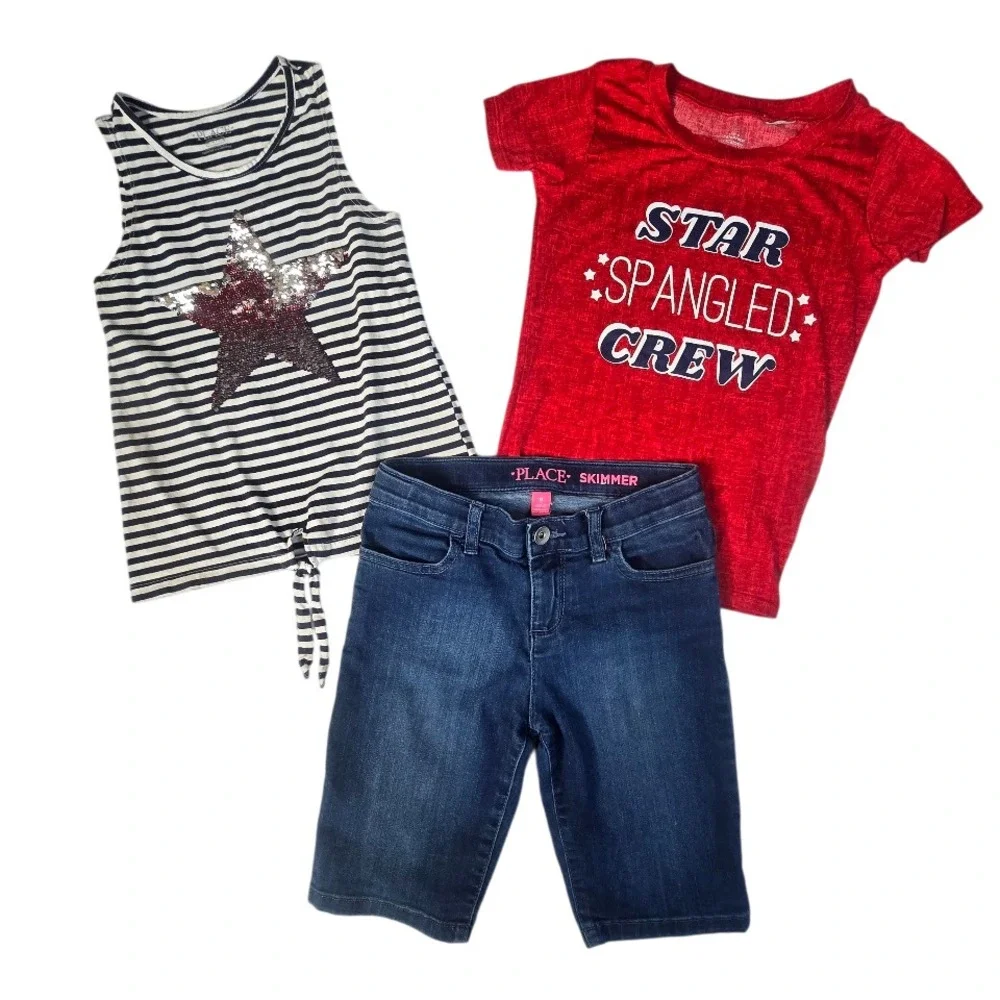 The Childrens Place 3pc Outfit Girls 7/8 Red White Blue Patriotic Americana Star